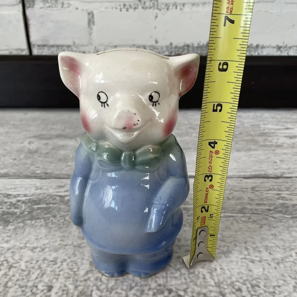 Piggy Bank RARE Vintage BREAK TO OPEN Pig 1940 Blue Overalls MCM